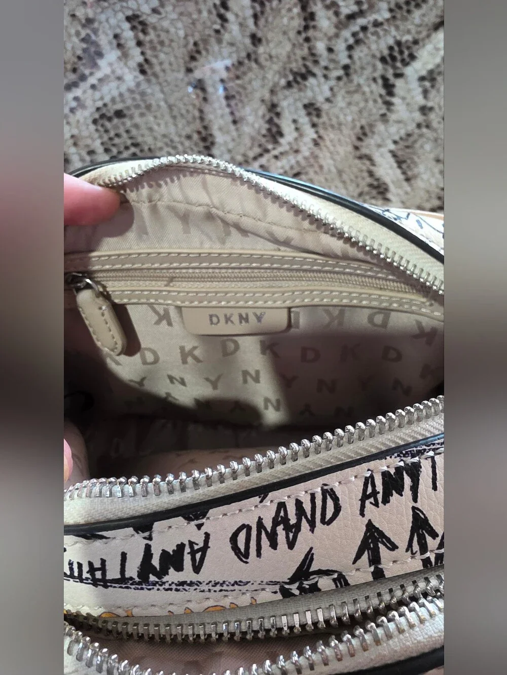 DKNY Graffiti Logo Crossbody in White, Teal & Mustard